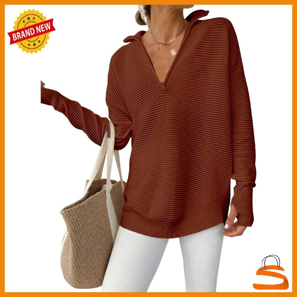 Long Sleeve Quarter Zip Pullover Sweater Ribbed Knit Loose Fit Thumb Hole